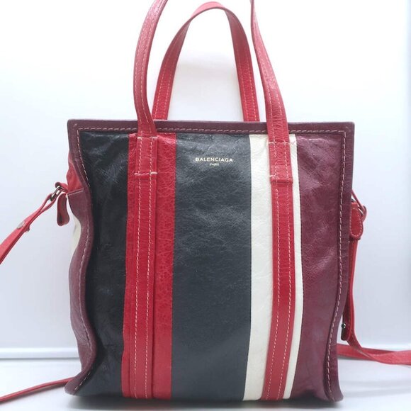 Balenciaga Bazar S Shopper Tote Red/Multi Striped Leather Crossbody Bag - Picture 3 of 15